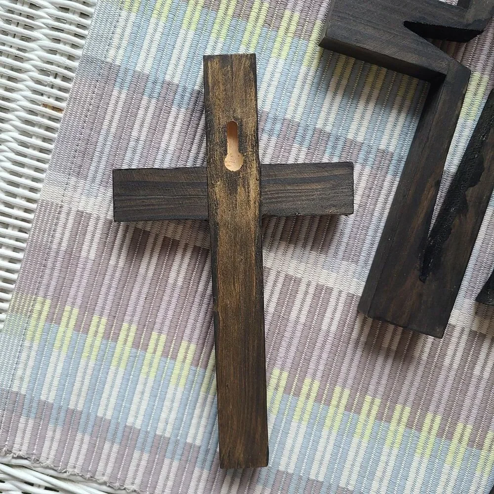Vintage Rustic Dark Wood Wall Crosses – Set of 4 Handmade Decorative Crosses